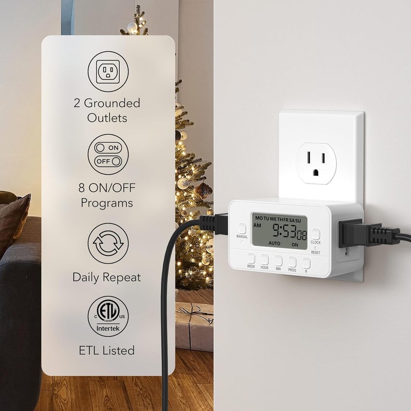 BN-LINK 7-Day Heavy Duty Digital Timer with Dual Outlet, LCD Display, 3-Prong Programmable Design, for Lights, Fans, Coffee Machine, Home, Kitchen, Office, Indoor Use, 125V 15A 1875W, 1 Pack - Image 4